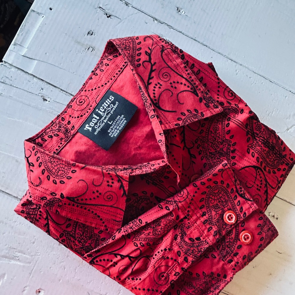 Tool Jeans Mens Red Paisley Print Button Up Shirt Long Sleeve Size L‎